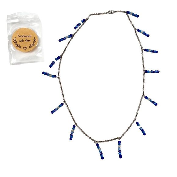 Handmade Silver Chain Blue Beaded Tassel Clasp Necklace - Picture 1 of 5